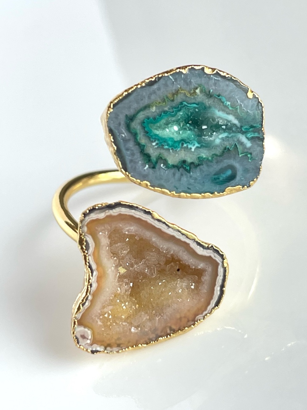 18K Gold Plated Yellow & Green Druzy Geode Wrap Ring